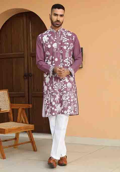 Purple Embroidered Georgette Kurta Set For Men