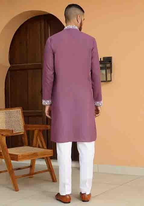 Purple Embroidered Georgette Kurta Set For Men