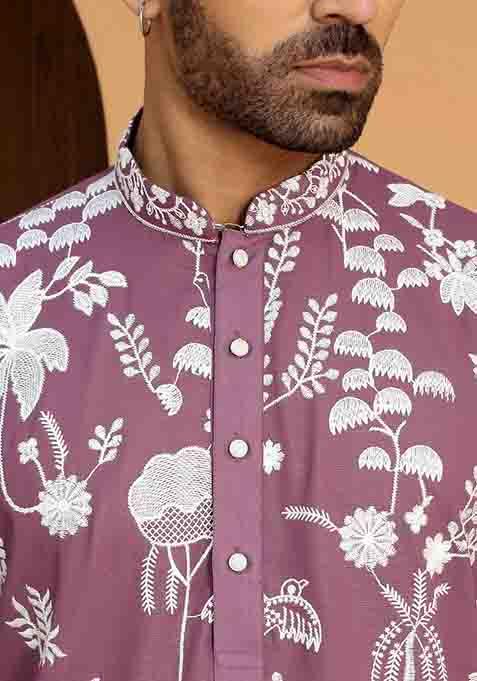 Purple Embroidered Georgette Kurta Set For Men