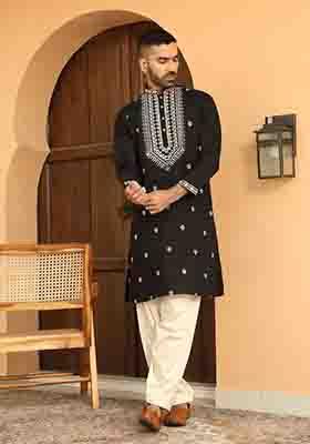 Black Embroidered Cotton Silk Kurta Set For Men