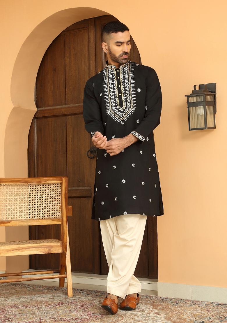 Black Embroidered Cotton Silk Kurta Set For Men