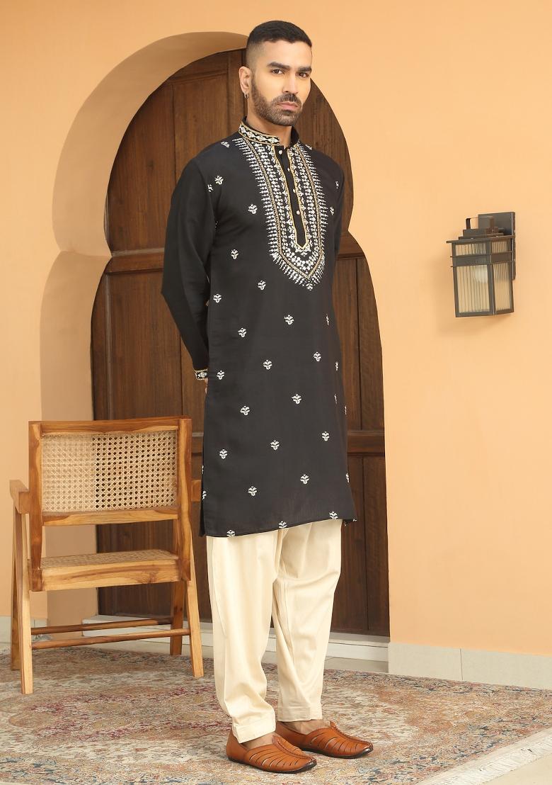Black Embroidered Cotton Silk Kurta Set For Men
