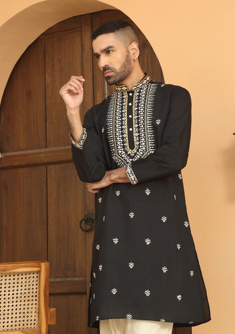 Black Embroidered Cotton Silk Kurta Set For Men