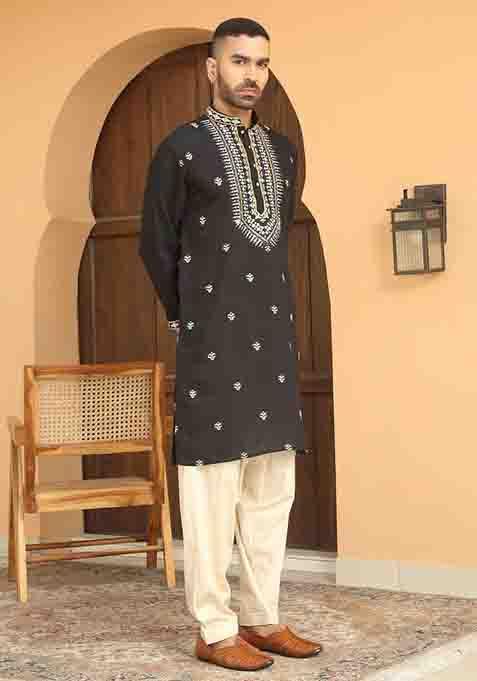 Black Embroidered Cotton Silk Kurta Set For Men