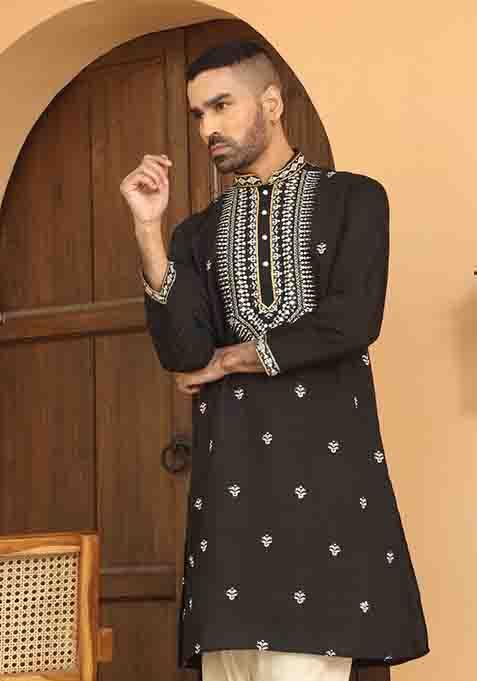 Black Embroidered Cotton Silk Kurta Set For Men