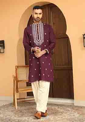 Purple Embroidered Cotton Silk Kurta Set For Men