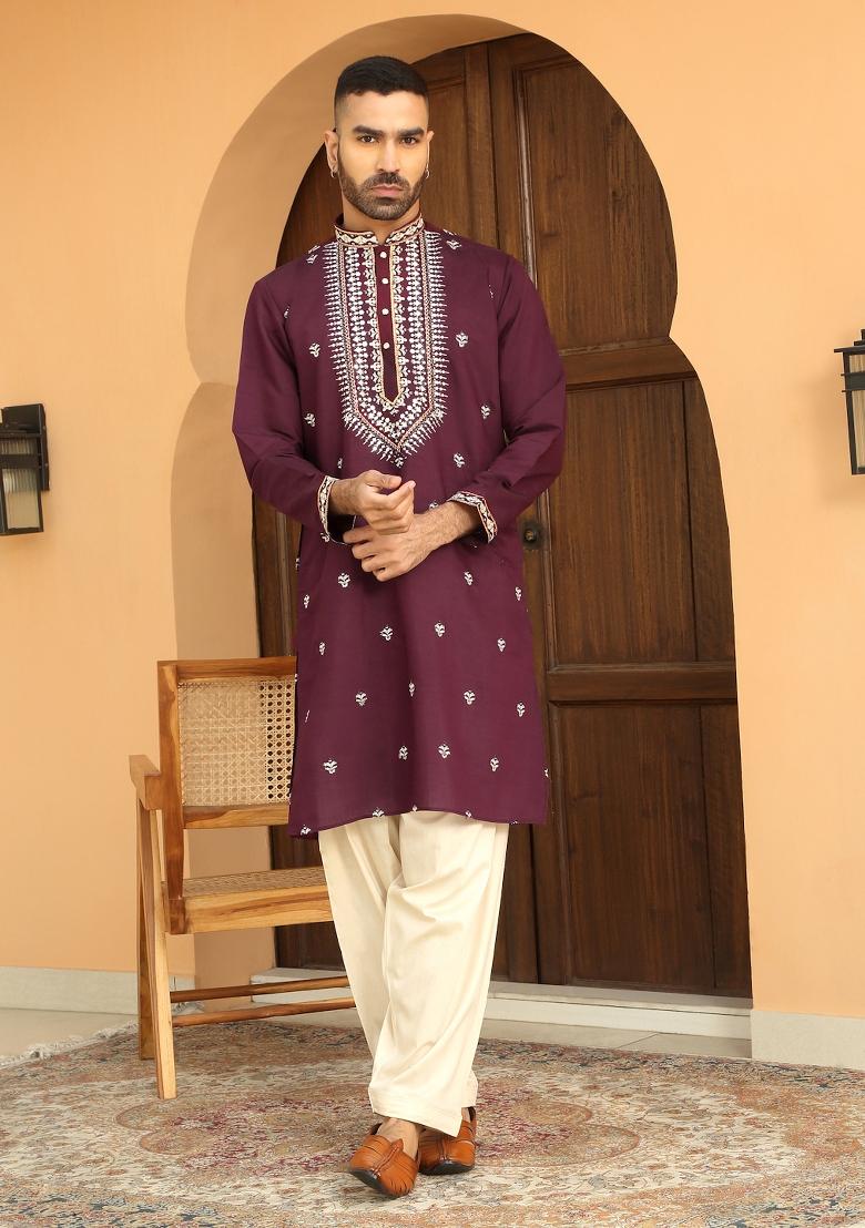 Purple Embroidered Cotton Silk Kurta Set For Men