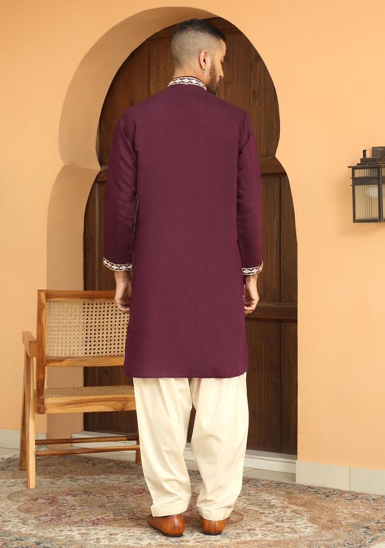 Purple Embroidered Cotton Silk Kurta Set For Men