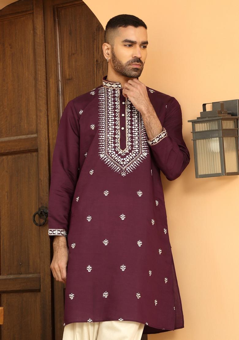 Purple Embroidered Cotton Silk Kurta Set For Men