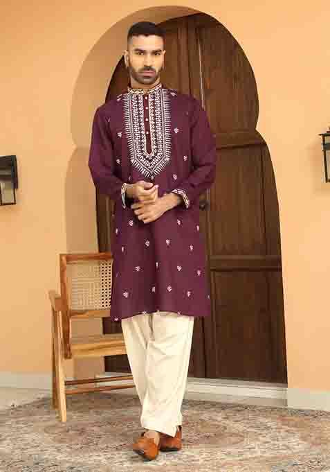 Purple Embroidered Cotton Silk Kurta Set For Men