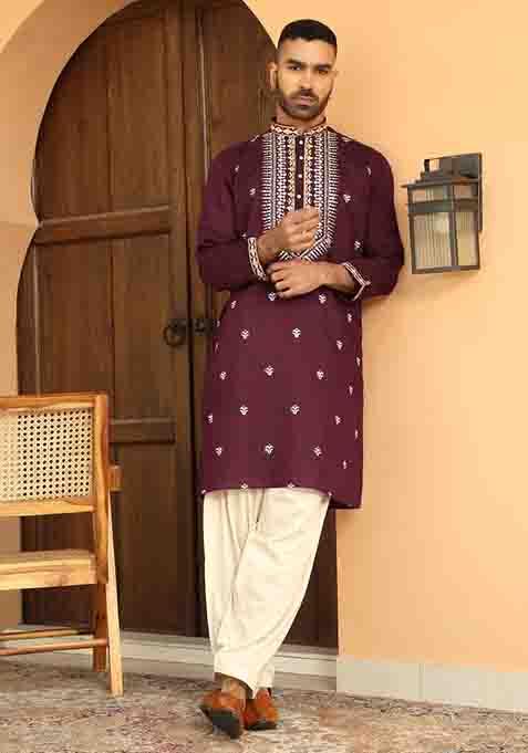 Purple Embroidered Cotton Silk Kurta Set For Men