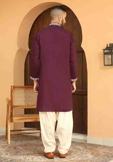 Purple Embroidered Cotton Silk Kurta Set For Men