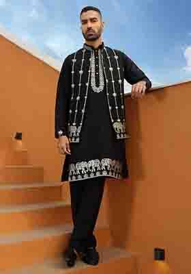 Black Embroidered Cotton Silk Kurta Set For Men