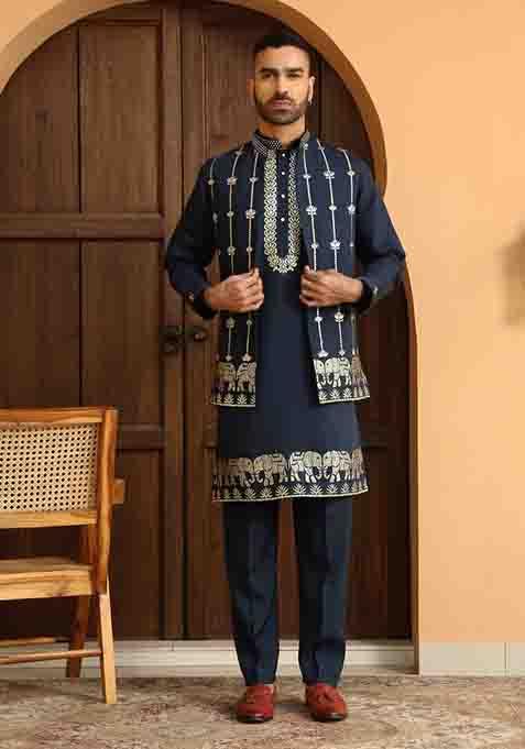 Blue Embroidered Cotton Silk Kurta Set For Men