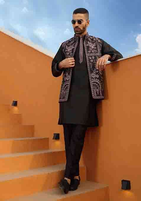 Black Embroidered Cotton Silk Blend Kurta Set For Men