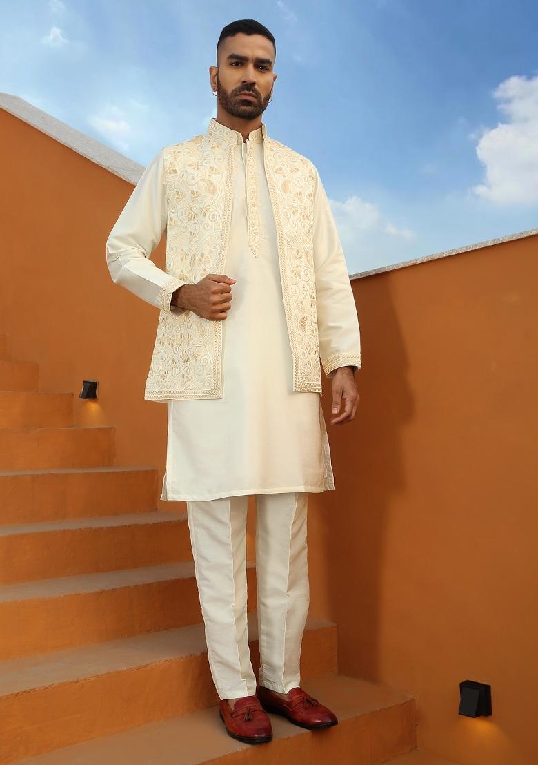 Cream Embroidered Cotton Silk Kurta Set For Men