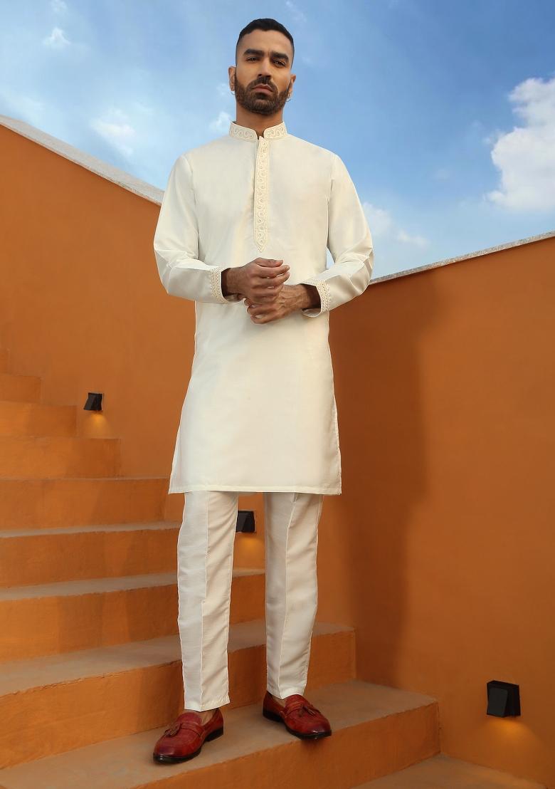 Cream Embroidered Cotton Silk Kurta Set For Men - Indya