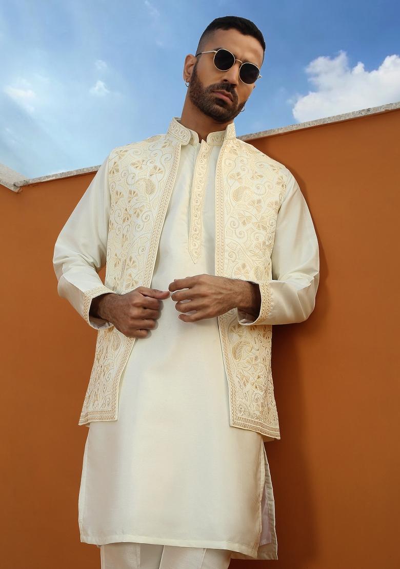 Cream Embroidered Cotton Silk Kurta Set For Men - Indya