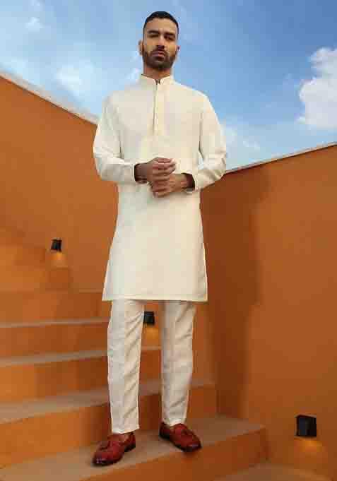 Cream Embroidered Cotton Silk Kurta Set For Men