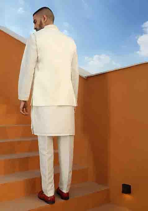 Cream Embroidered Cotton Silk Kurta Set For Men