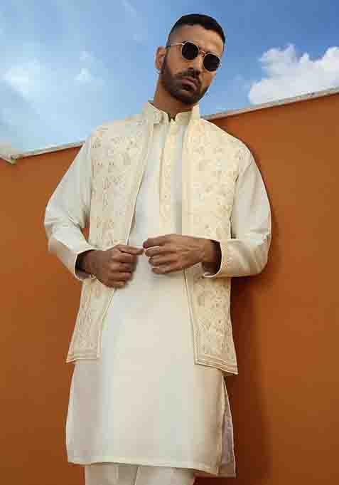 Cream Embroidered Cotton Silk Kurta Set For Men