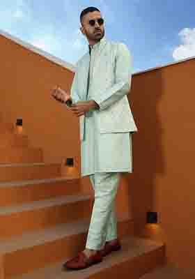 Sky Blue Embroidered Cotton Silk Kurta Set For Men