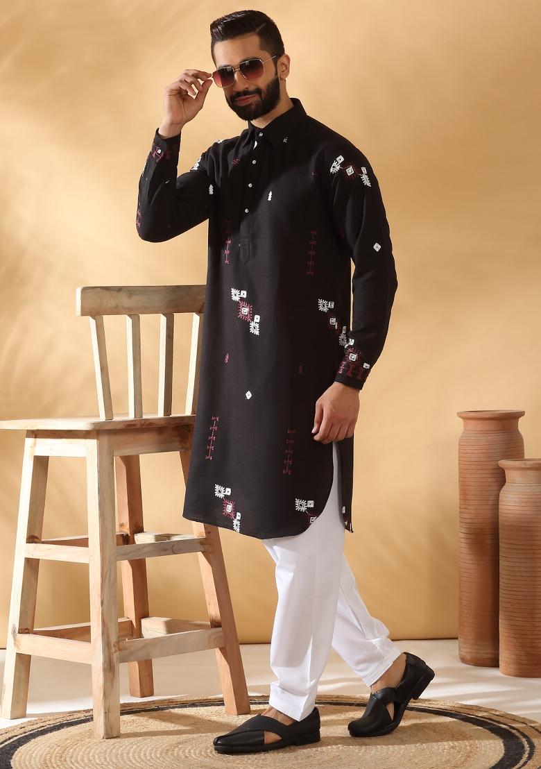 Black Embroidered Linen Kurta Set For Men