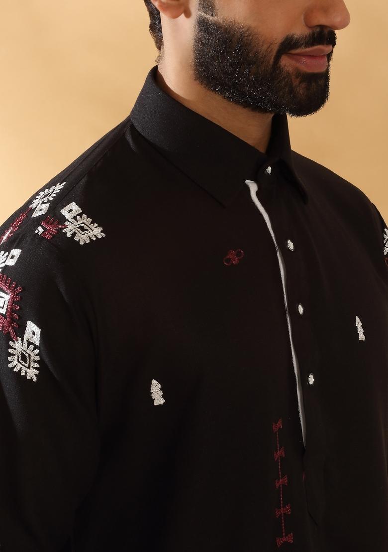 Black Embroidered Linen Kurta Set For Men