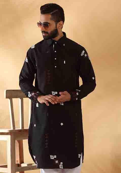 Black Embroidered Linen Kurta Set For Men