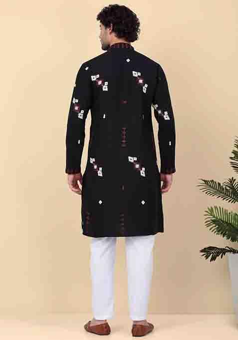 Black Embroidered Linen Kurta Set For Men