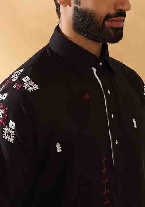 Black Embroidered Linen Kurta Set For Men