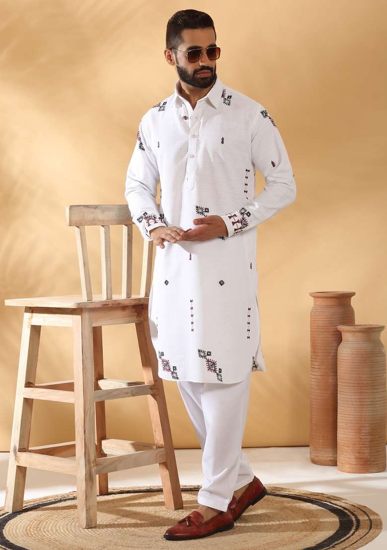 White Embroidered Linen Kurta Set For Men - Indya