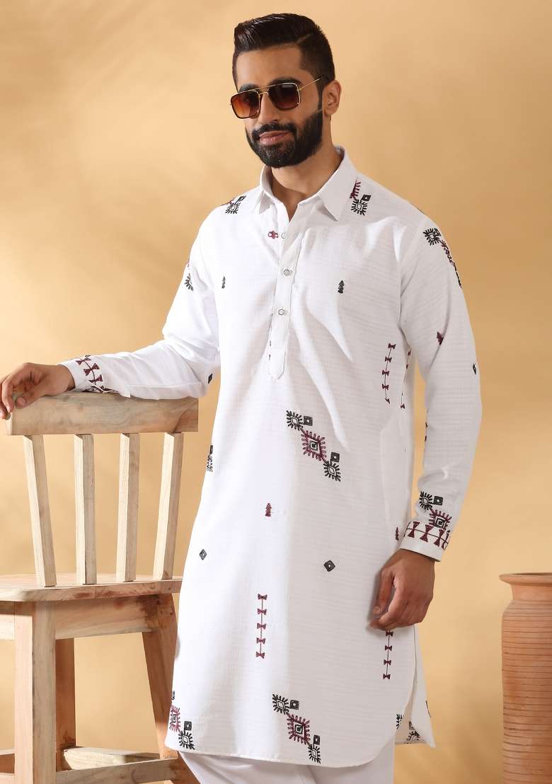 White Embroidered Linen Kurta Set For Men - Indya