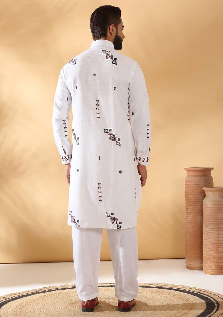 White Embroidered Linen Kurta Set For Men - Indya