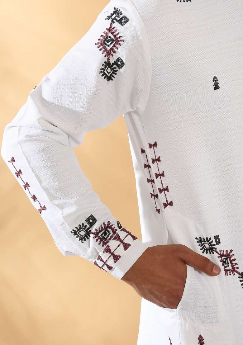 White Embroidered Linen Kurta Set For Men - Indya