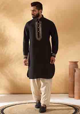Black Yoke Design Cotton Silk Kurta Set For Men