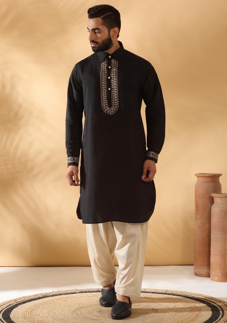 Black Yoke Design Cotton Silk Kurta Set For Men