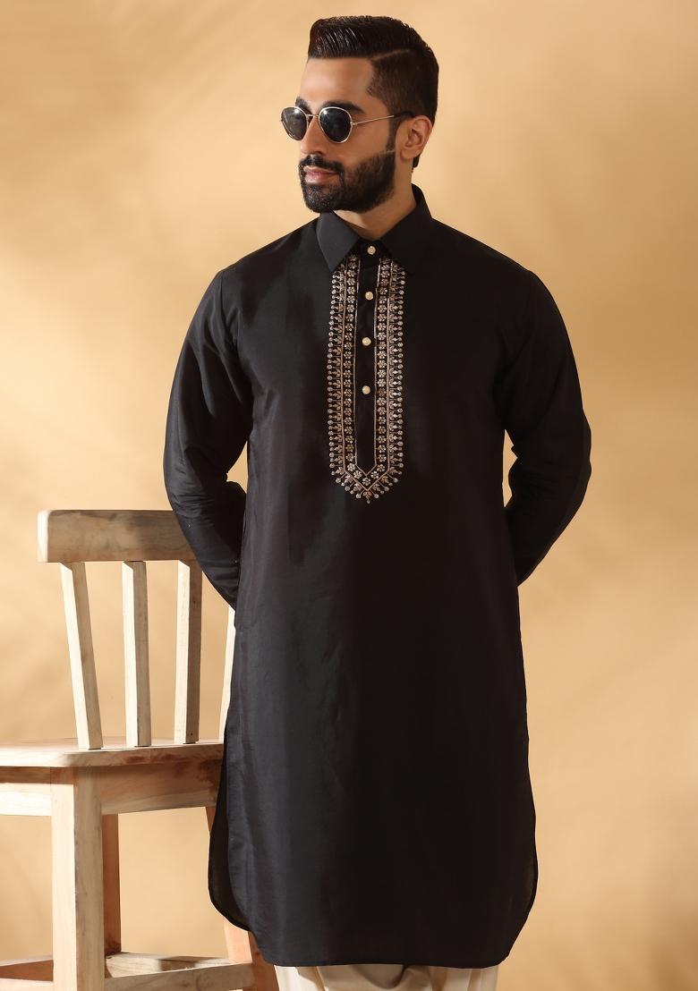 Black Yoke Design Cotton Silk Kurta Set For Men