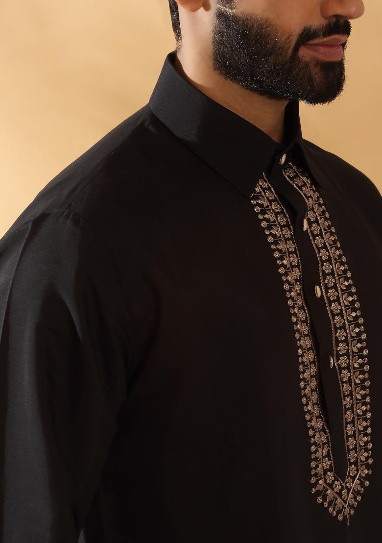Black Yoke Design Cotton Silk Kurta Set For Men