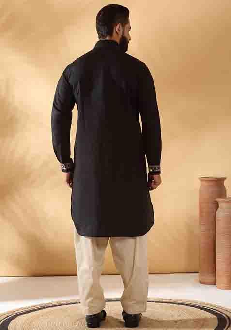 Black Yoke Design Cotton Silk Kurta Set For Men