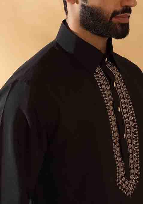 Black Yoke Design Cotton Silk Kurta Set For Men