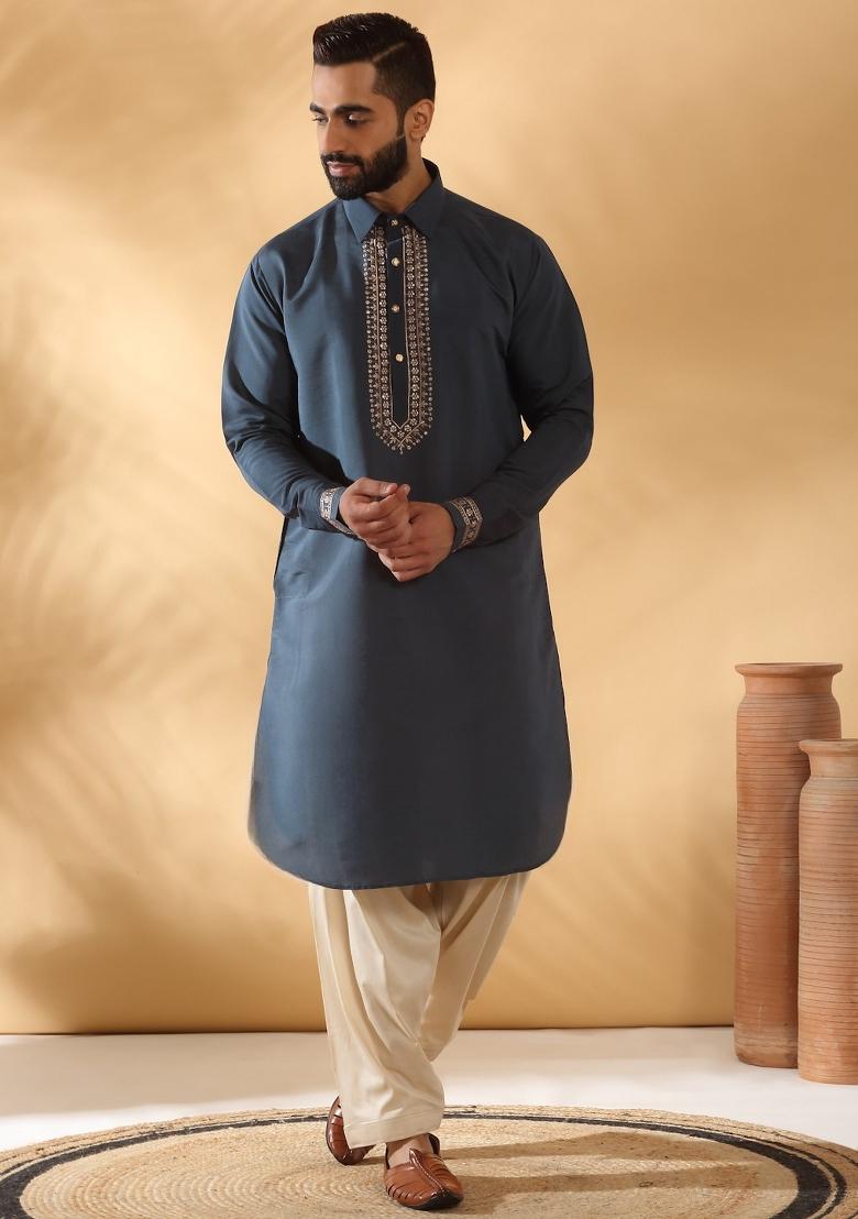 Blue Yoke Design Cotton Silk Kurta Set For Men
