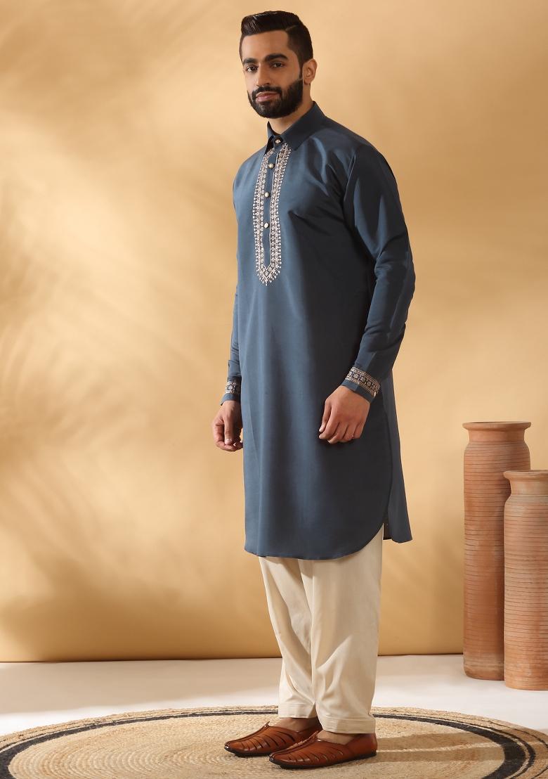Blue Yoke Design Cotton Silk Kurta Set For Men