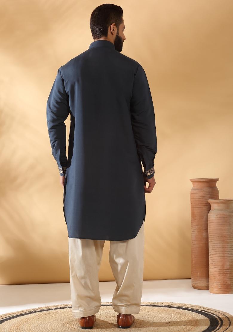 Blue Yoke Design Cotton Silk Kurta Set For Men