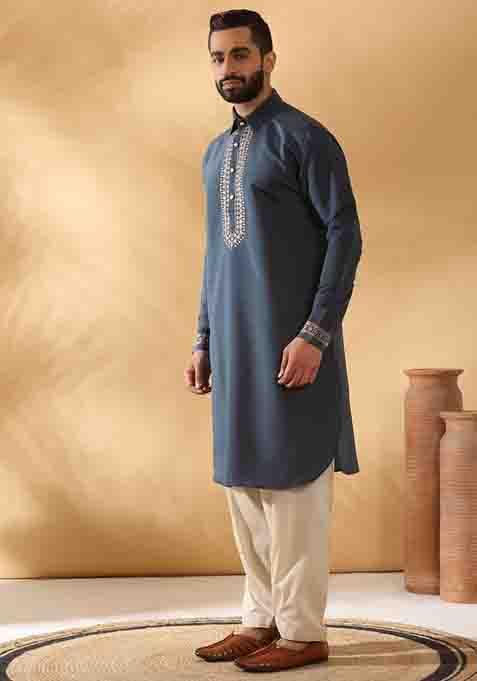 Blue Yoke Design Cotton Silk Kurta Set For Men