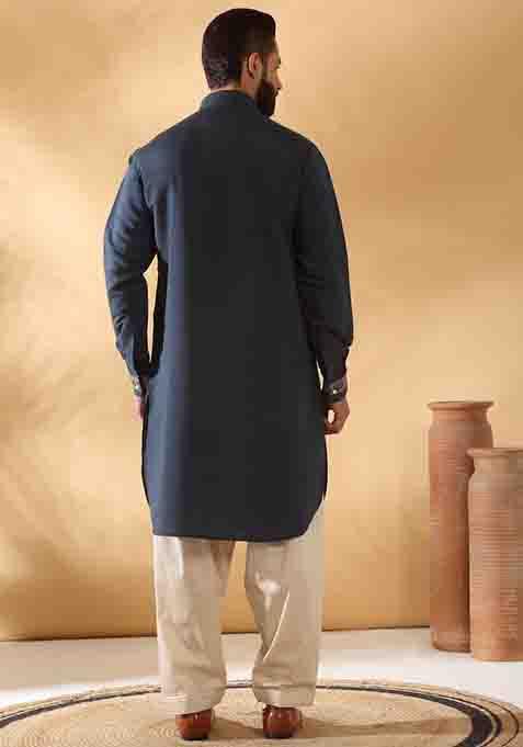 Blue Yoke Design Cotton Silk Kurta Set For Men