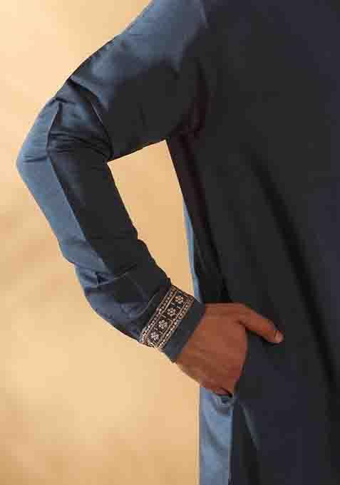Blue Yoke Design Cotton Silk Kurta Set For Men