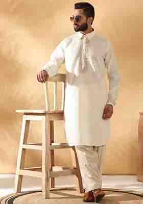 Cream Yoke Design Cotton Silk Kurta Set For Men