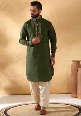 Green Yoke Design Cotton Silk Kurta Set For Men