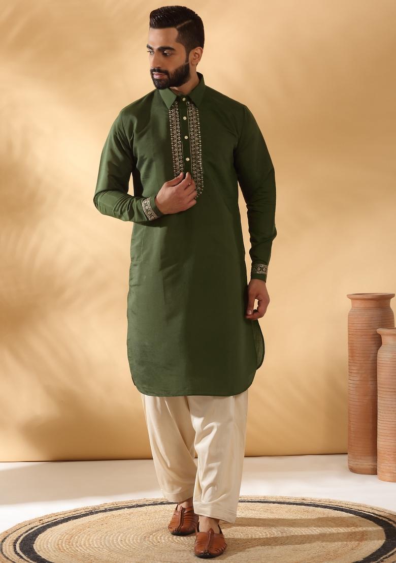 Green Yoke Design Cotton Silk Kurta Set For Men